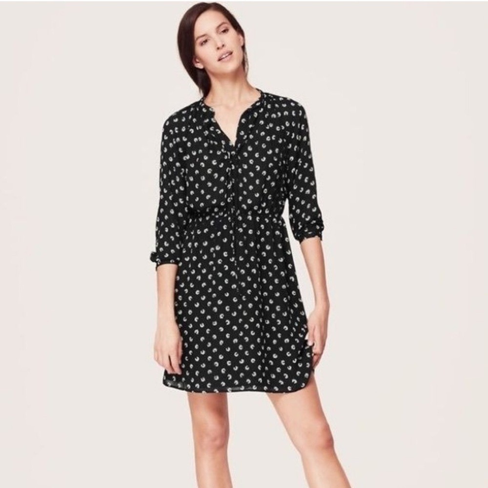 LOFT Scroll Print Tie Neck Blouson Dress Fit & Flare Black and Mint Office 6 NEW